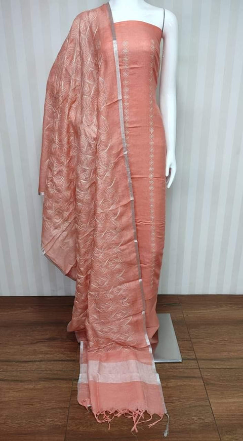 Peach Color Cotton Silk Machine Embroidered Unstitched Suit Material - Trend In Need