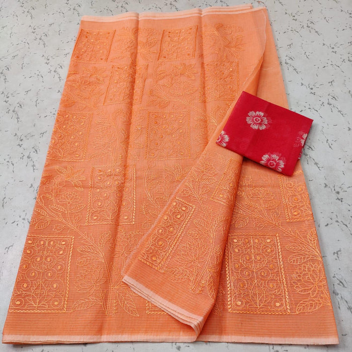 Peach Colour Machine Embroidered Kota Doria Cotton Saree