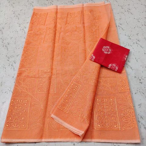 Peach Color Machine Embroidered Kota Doria Cotton Saree - Trend In Need