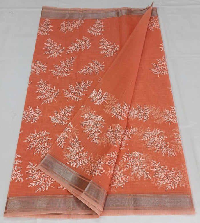 Peach Color Machine Embroidred Work Kota Doria Cotton Saree