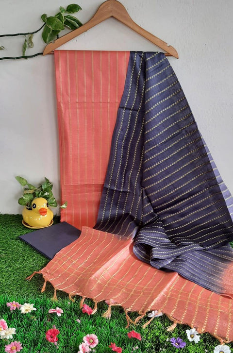 Peach Grey Color Cotton Viscose Silk Woven Line Dress Material - Trend In Need