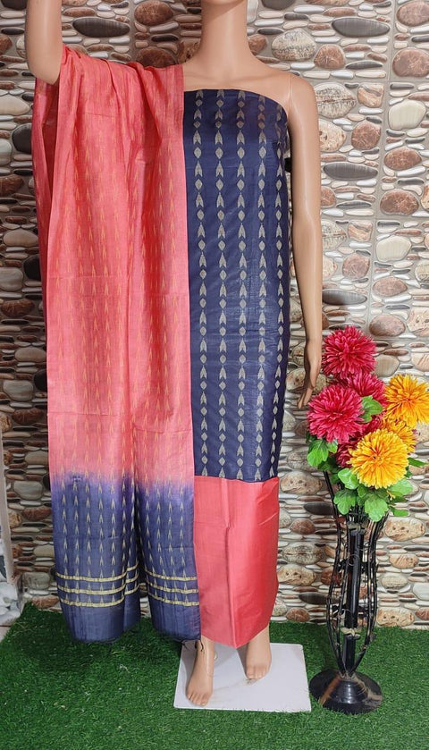 Pink Blue Color Cotton Silk Woven Design Dress Material - Trend In Need