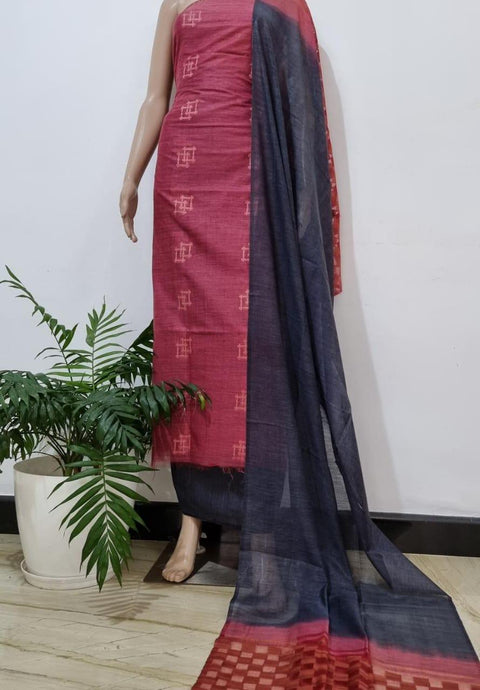 Pink Blue Color Handwoven Cotton Baswada Silk Woven Dress Material - Trend In Need