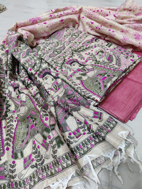 Pink Color Handwoven Cotton Matka Silk Dress Material - Trend In Need