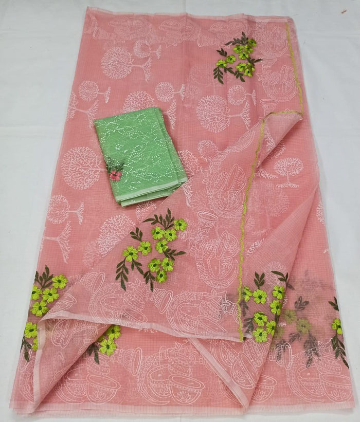 Pink Colour Kota Doria Cotton Embroidered Saree with Fine Block Print