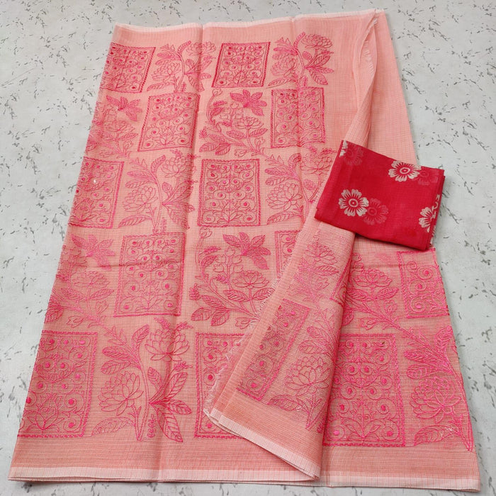 Pink Color Machine Embroidered Kota Doria Cotton Saree