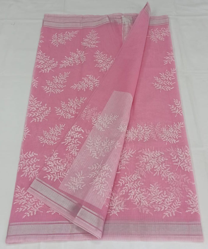 Pink Color Machine Embroidred Work Kota Doria Cotton Saree