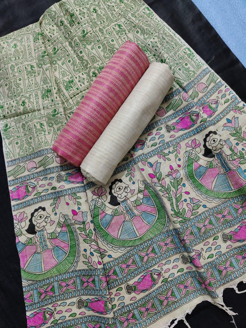 Pink Color Matka Handwoven Cotton silk Dress Material With Madhubani Print Dupatta - Trend In Need