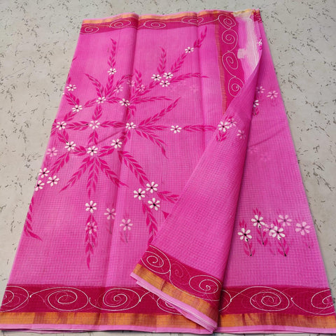 Pink Color Pure Cotton Kota Doria Hand Brush Painted Saree - Trend In Need