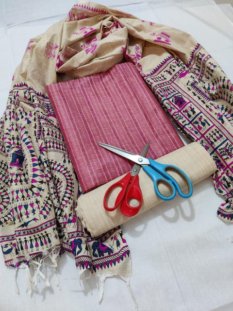 Pink Color Semi Raw Silk Dress Material With Handwoven Cotton Silk Dupatta - Trend In Need