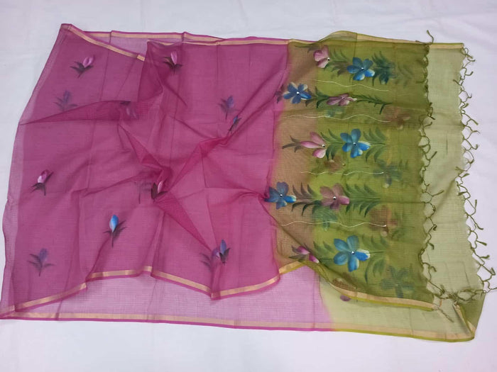Pink Green Color Hand Brush Painted Kota Doria Pure Cotton Dupatta - Trend In Need