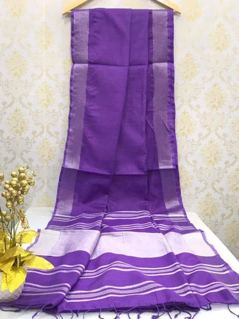 Plain Purple Color Zari Woven Linen Cotton Saree - Trend In Need