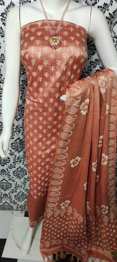 Printed Brown Color Matka Cotton Silk Dress Material - Trend In Need