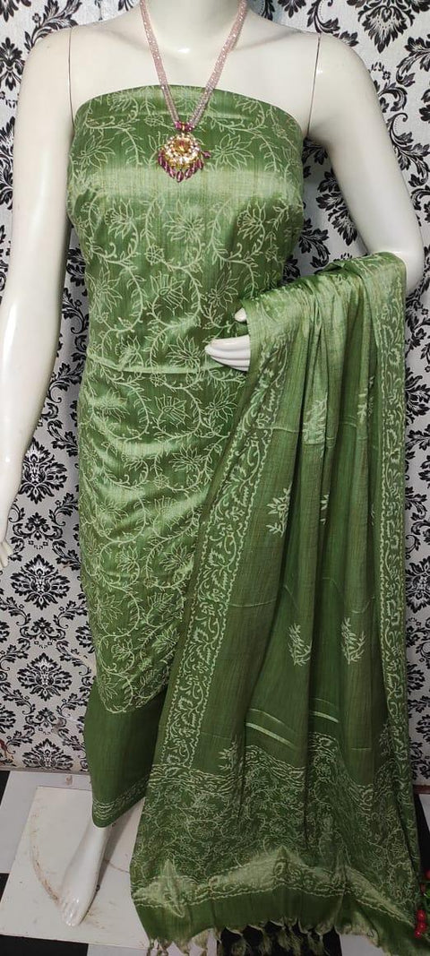 Printed Green Color Matka Cotton Silk Dress Material - Trend In Need
