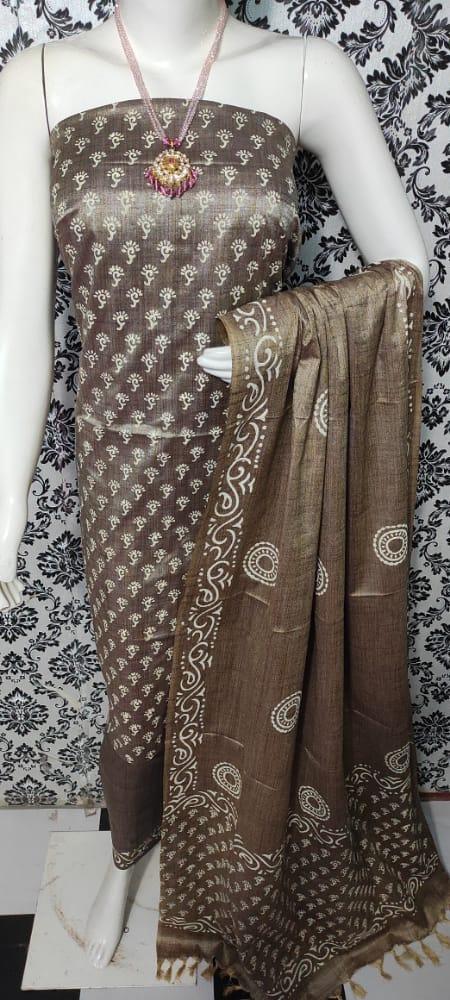 Printed Matka Cotton Silk Brown Color Dress Material - Trend In Need