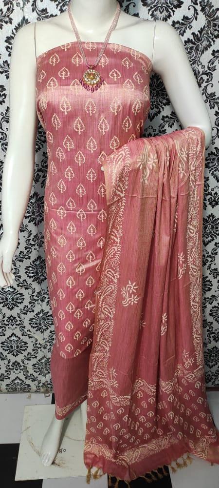 Printed Matka Cotton Silk Pink Color Dress Material - Trend In Need