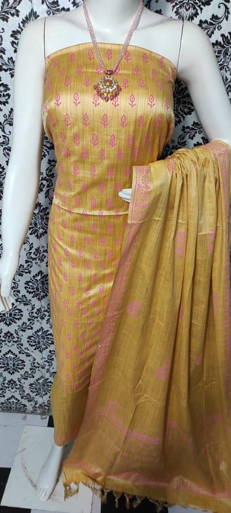 Printed Matka Cotton Silk Yellow Color Dress Material - Trend In Need