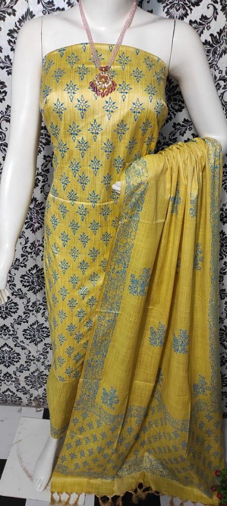 Printed Yellow Color Matka Cotton Silk Dress Material - Trend In Need