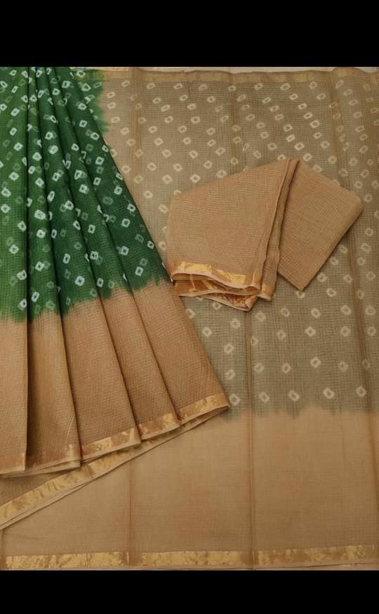 Kota Doria Pure Cotton Bandhani Print Saree - Green & Beige Color