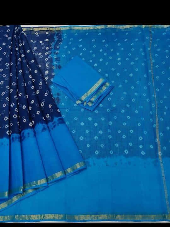 Kota Doria Pure Cotton Bandhani Print Saree - Blue Color
