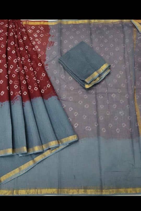 Kota Doria Pure Cotton Bandhani Print Saree - Grey & Maroon Color