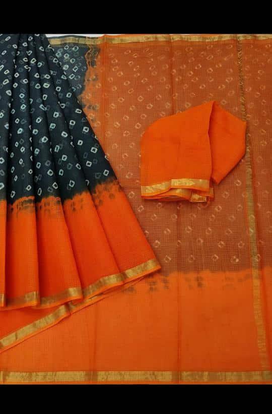 Kota Doria Pure Cotton Bandhani Print Saree - Orange & Black Color