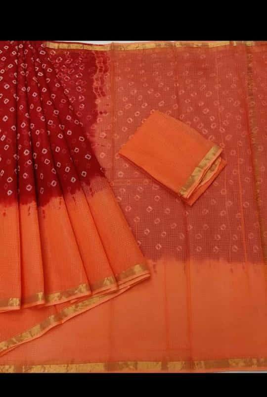 Kota Doria Pure Cotton Bandhani Print Saree - Red & Peach Color