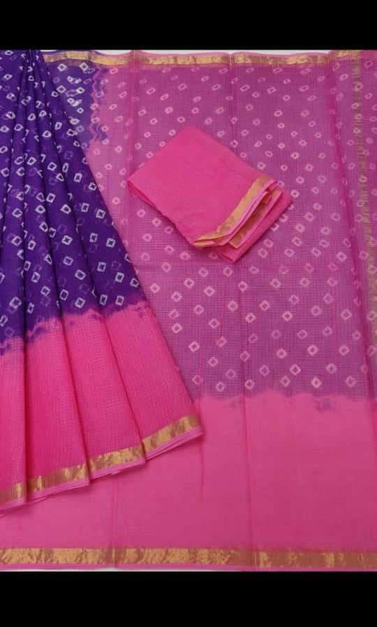 Kota Doria Pure Cotton Bandhani Print Saree - Pink & Purple Color