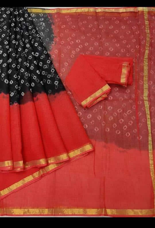 Kota Doria Pure Cotton Bandhani Print Saree - Red & Black Color