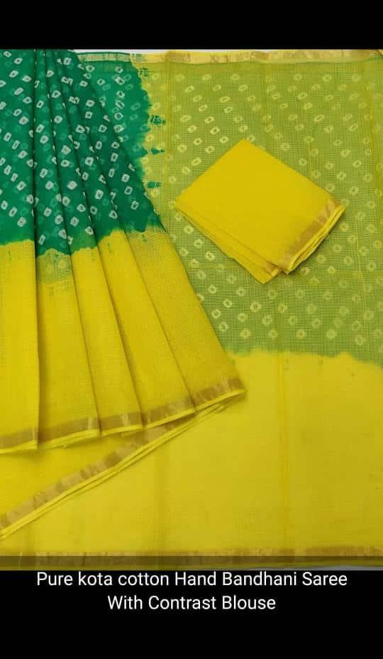 Kota Doria Pure Cotton Bandhani Print Saree - Green & Yellow Color