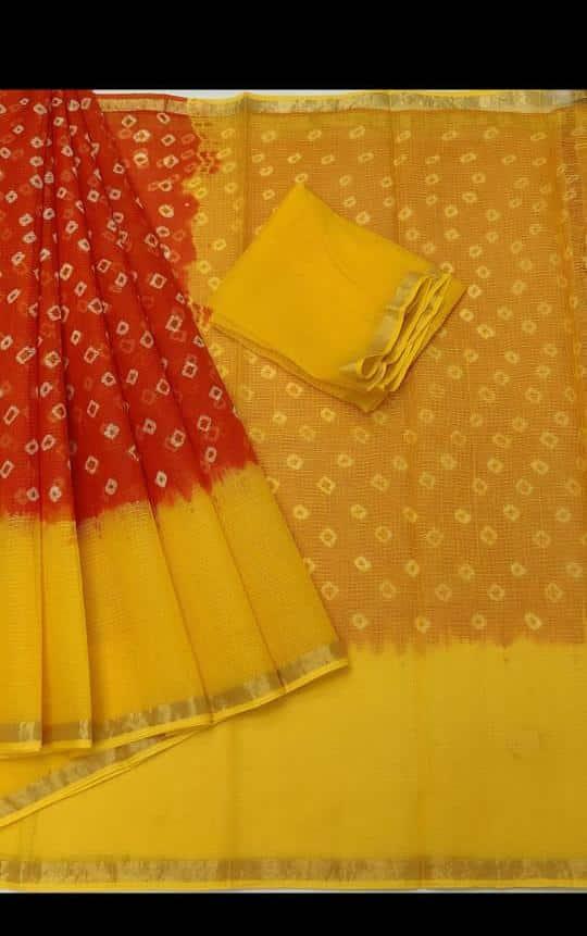 Kota Doria Pure Cotton Bandhani Print Saree - Red & Yellow Color