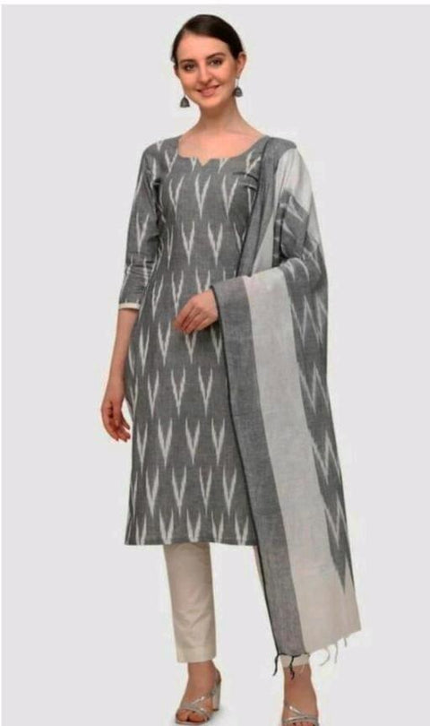 Pure Cotton Grey Colour Ikkat Dress Material - Trend In Need
