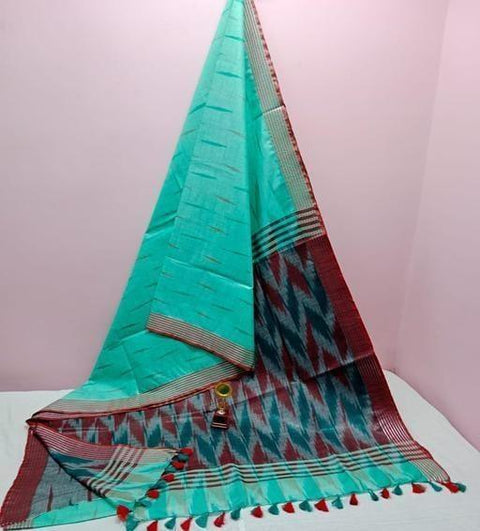 Pure Cotton Ikkat Print Green Color Saree - Trend In Need
