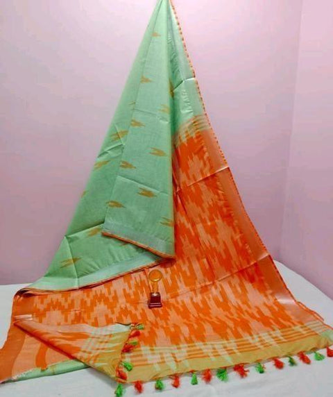 Pure Cotton Ikkat Print Green Orange Color Saree - Trend In Need