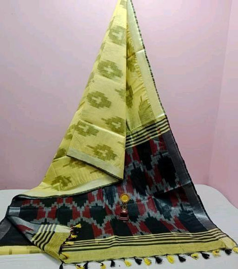 Pure Cotton Ikkat Print Yellow Black Color Saree - Trend In Need
