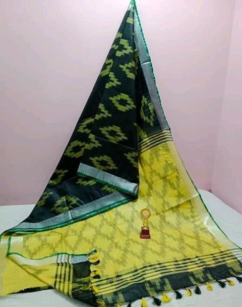 Pure Cotton Ikkat Print Yellow Color Saree - Trend In Need
