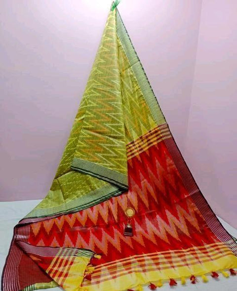 Pure Cotton Ikkat Print Yellow Red Color Saree - Trend In Need
