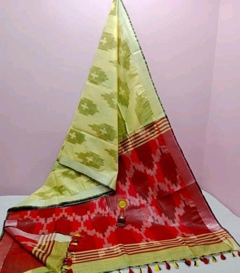 Pure Cotton Ikkat Print Yellow Red Color Saree - Trend In Need