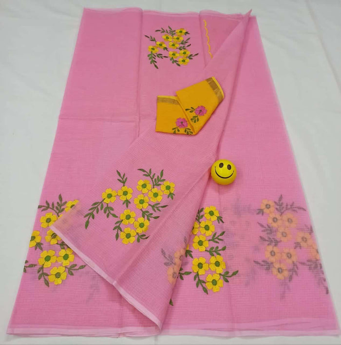 Pure Cotton Kota Doria Embroidered Work Saree - Pink