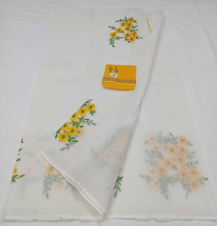 Pure Cotton Kota Doria Embroidered Sarees - White