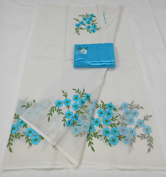 Embroidered Work Pure Cotton Kota Sarees - White