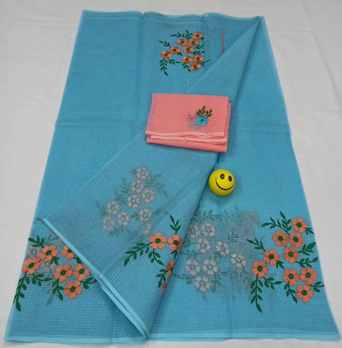 Embroidered Work Pure Cotton Kota Sarees - Blue