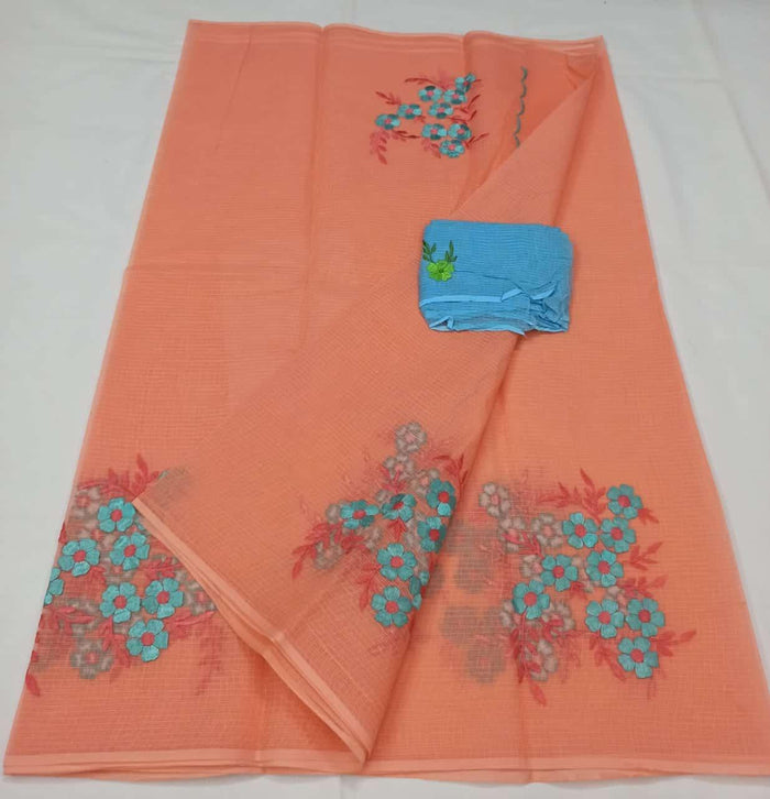 Embroidered Work Pure Cotton Kota Saree - Peach