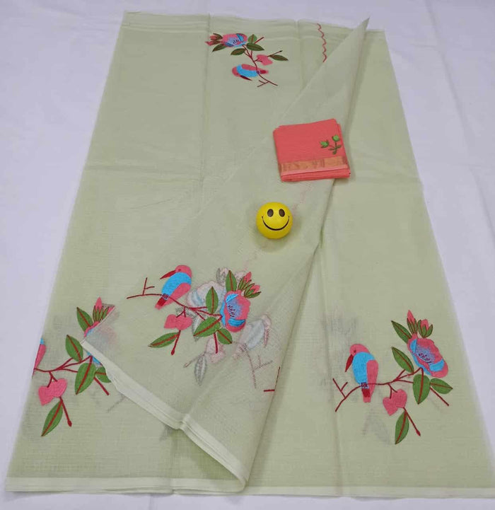 Pure Cotton Kota Doria Embroidered Saree - Green Color