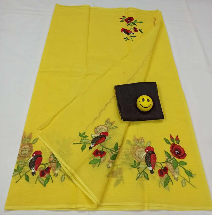 Embroidered Work Pure Cotton Kota Saree - Yellow Color