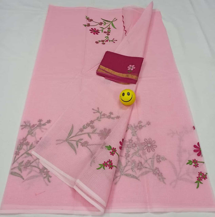 Pure Cotton Kota Doria Sarees With Embroidered Work - Pink Color