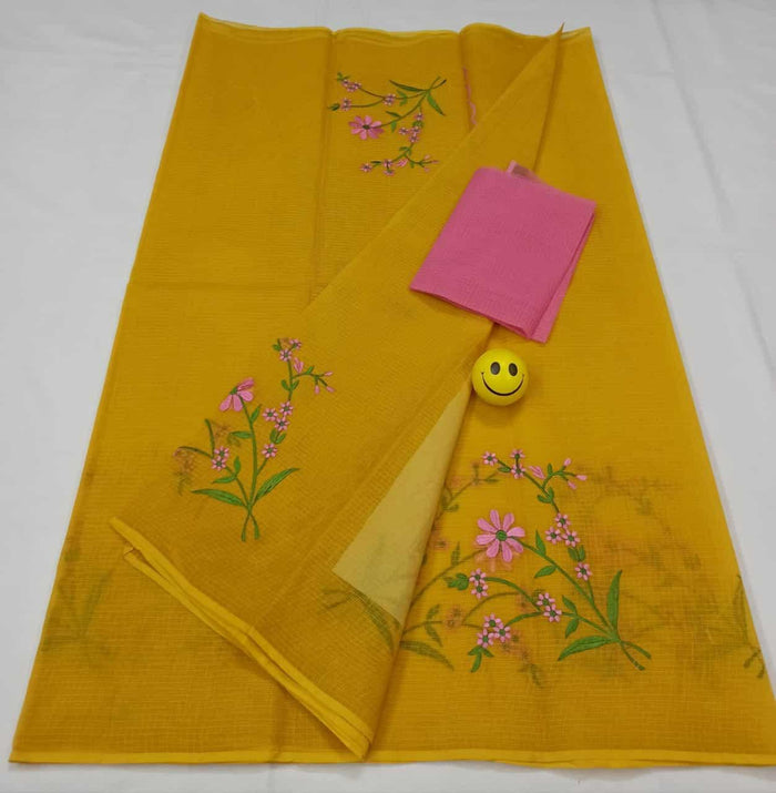 Pure Cotton Embroidered Work Kota Saree - Yellow Color