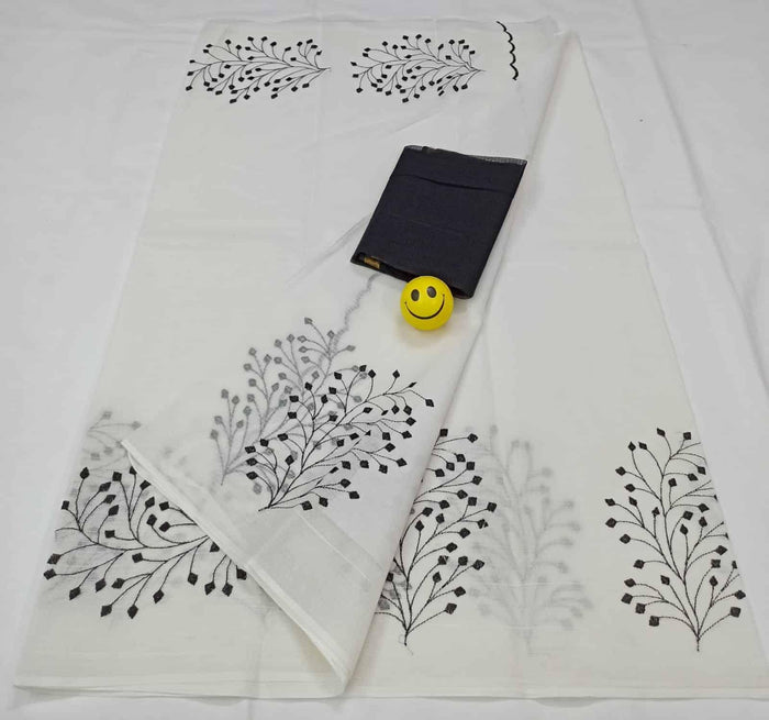 Pure Cotton Kota Doria Saree With Embroidered Work - White