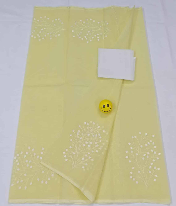 Pure Cotton Kota Doria Embroidered Work Saree - Yellow Color