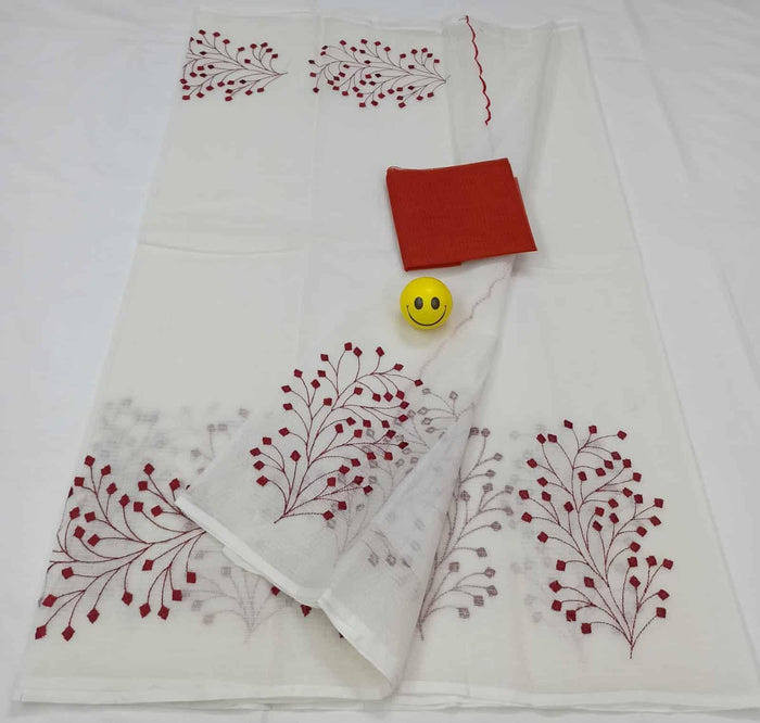 Pure Cotton Kota Doria Embroidered Saree - White